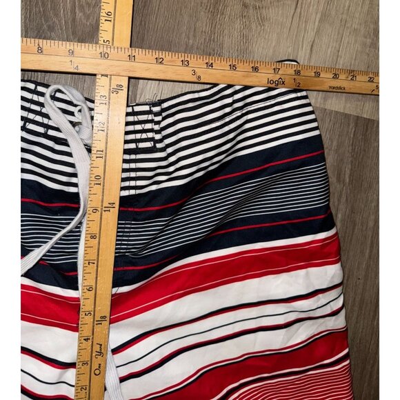 Op Mens XL Striped Swim Trunks Red/Black/White Polyester Mesh Liner Elastic Wais - Picture 6 of 6